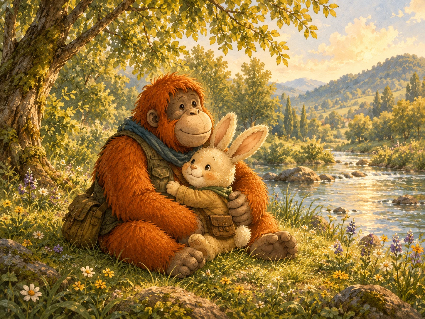 Roxy and Oru share a gentle embrace beside the river, her paws resting around his arm.