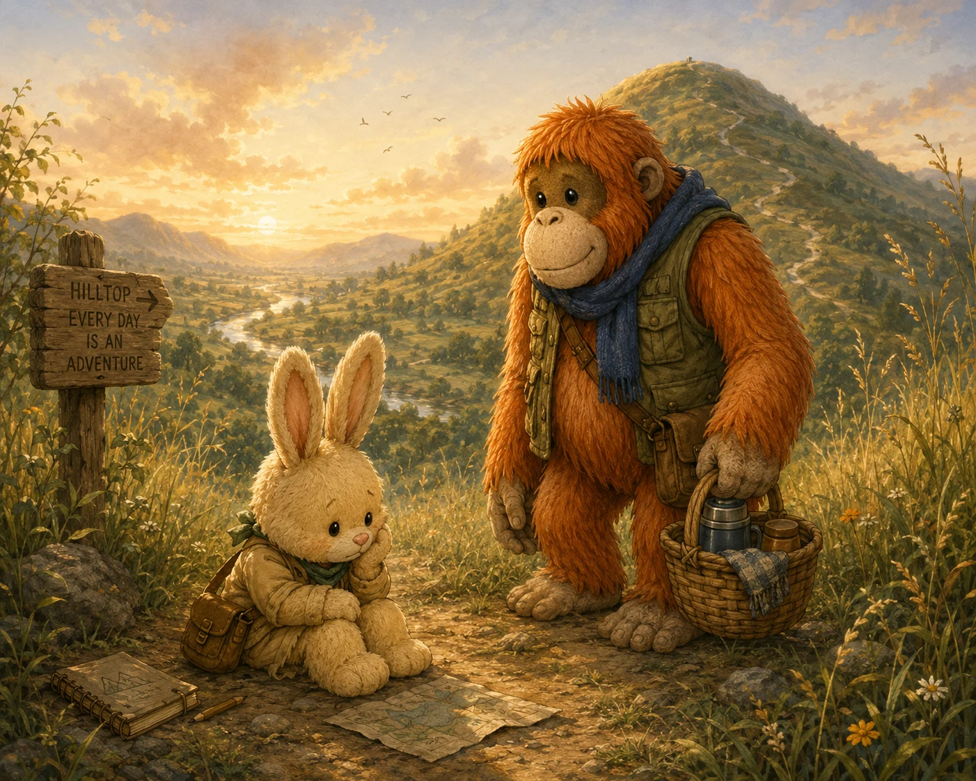 Roxy sits at the foot of her familiar hill while Oru stands nearby with breakfast.